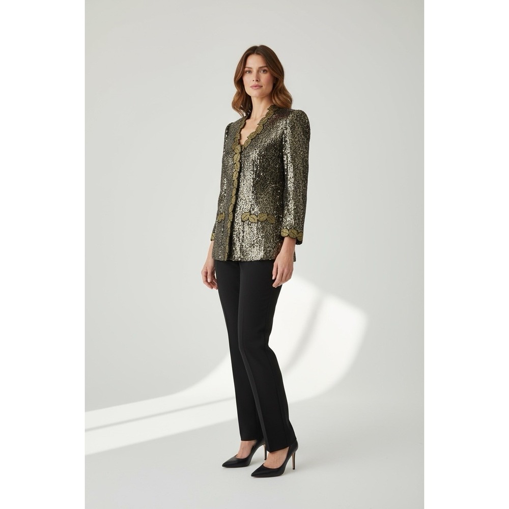 Vtg Black Gold Leaf Sequin Silk Evening Cocktail Jacket Holiday Elegant 10 L Med